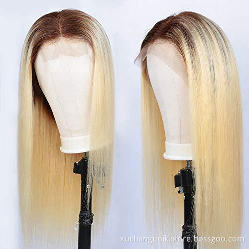 Uniky Pre Plucked Dark Roots 100% Human Hair Straight Ash Blonde 613 Ombre Transparent HD Frontal Full Lace Wig